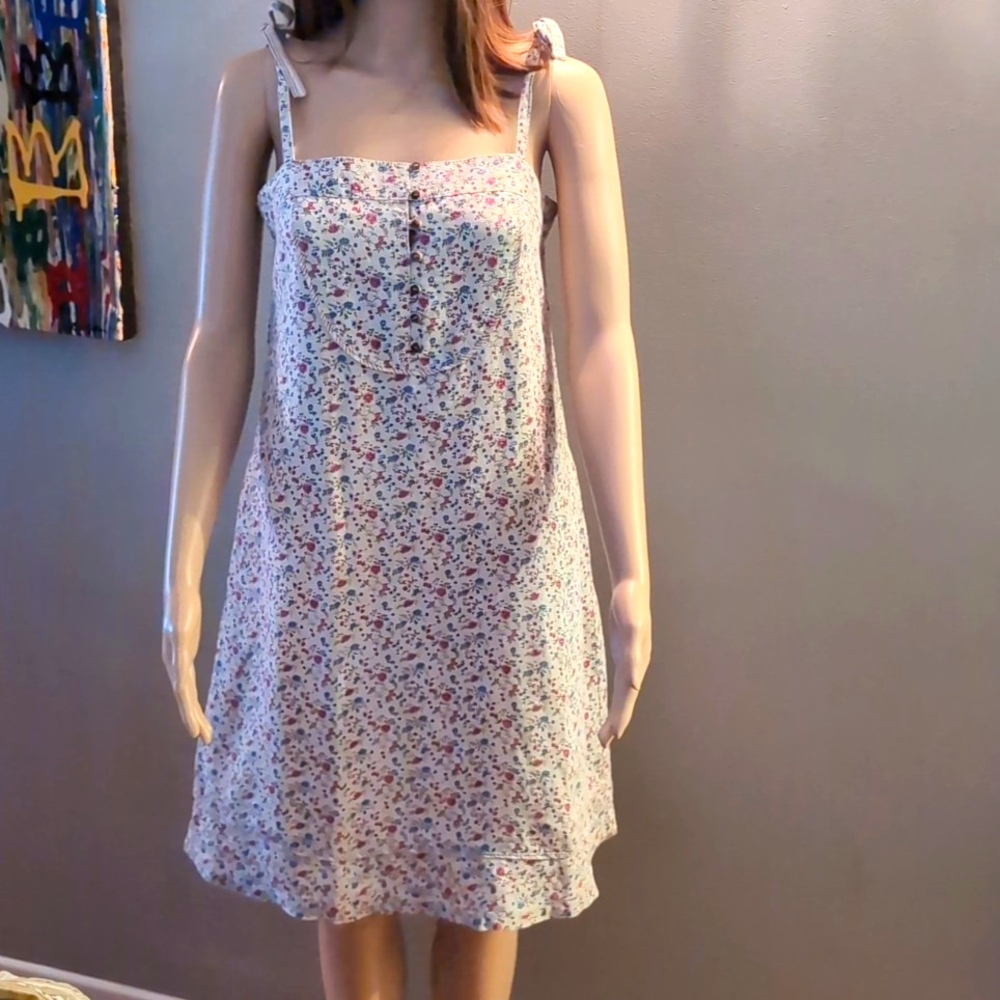 MANGO 100% Linen FLORAL Dress F Ties at shoulder. Pockets Medium Bohemian Cowboy